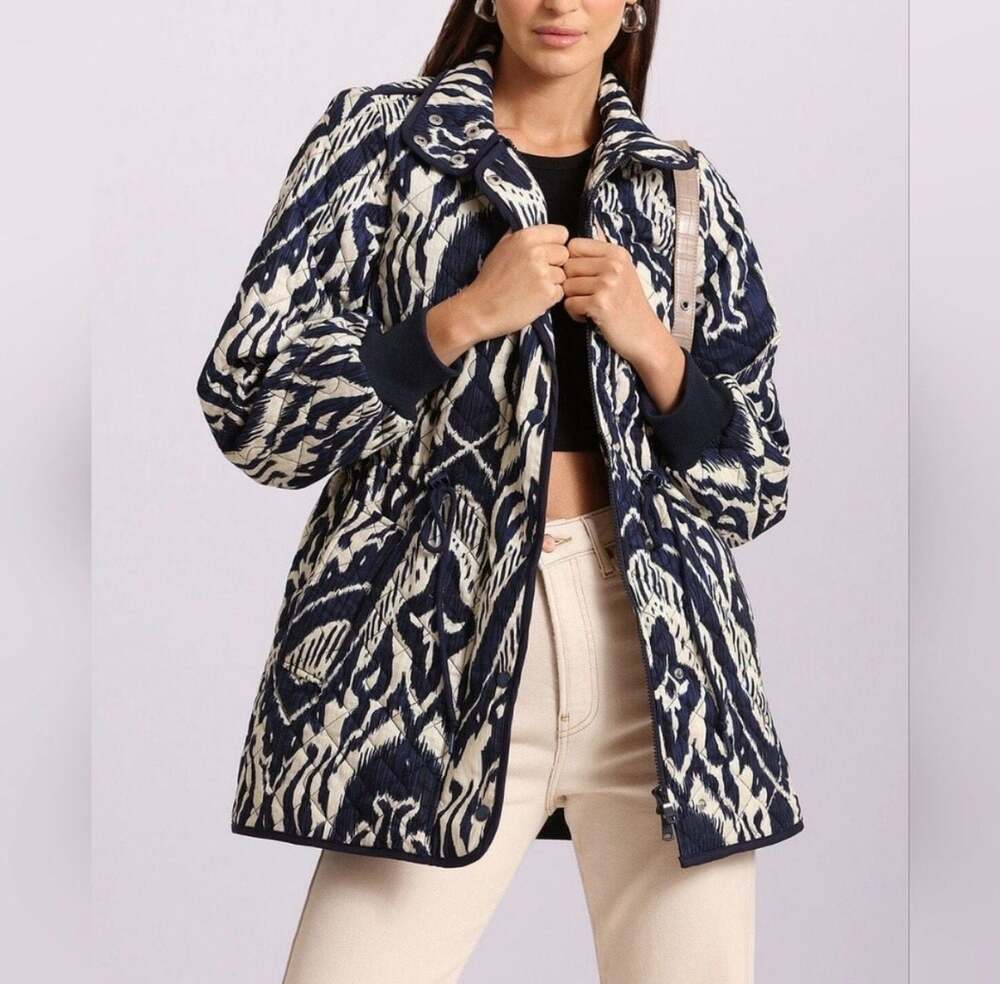 Bagatelle Navy Ikat Print Quilted Cotton Jacket Size Sm